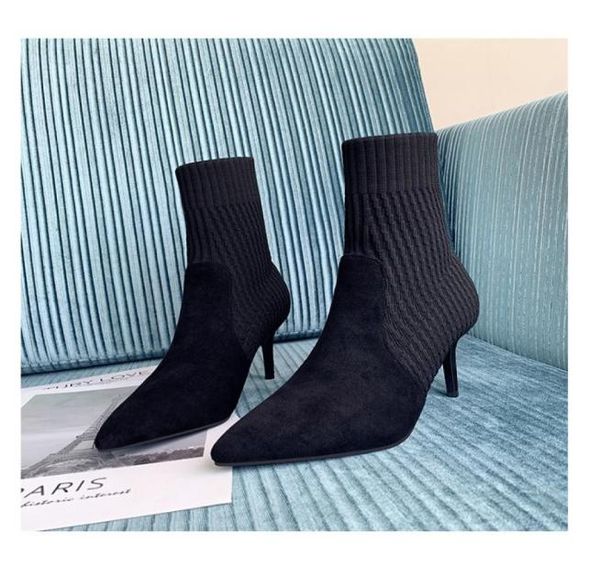 

large size ladies sock boots slipon knitting boot kitten heel shoes patchwork middle heel footwear pointed toe women ankle bootie1361518, Black