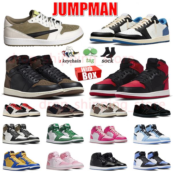 

ts 1s lows golf olive basketball shoes jumpman 1 travis fragment palomino satin bred dark mocha university blue space jam unc toe mens women, White;red