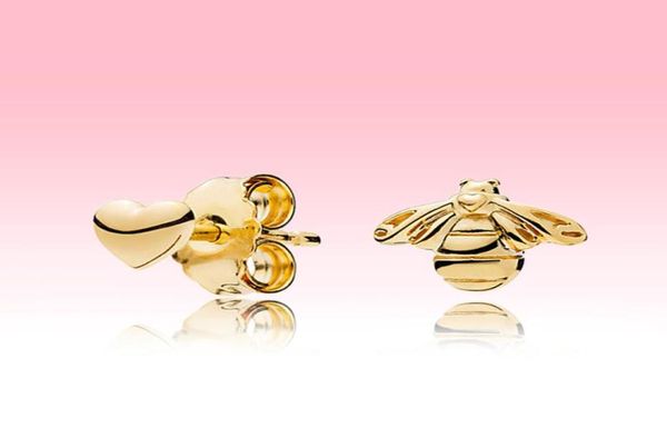 

luxury 18k yellow gold plated stud earring with original box for 925 silver love heart and bee earrings set1034350, Golden;silver