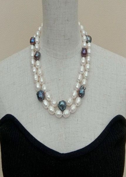 

hand knotted 2 rows cultured black white keshi pearl rice pearl necklace women jewelry 1819inch8350885, Silver