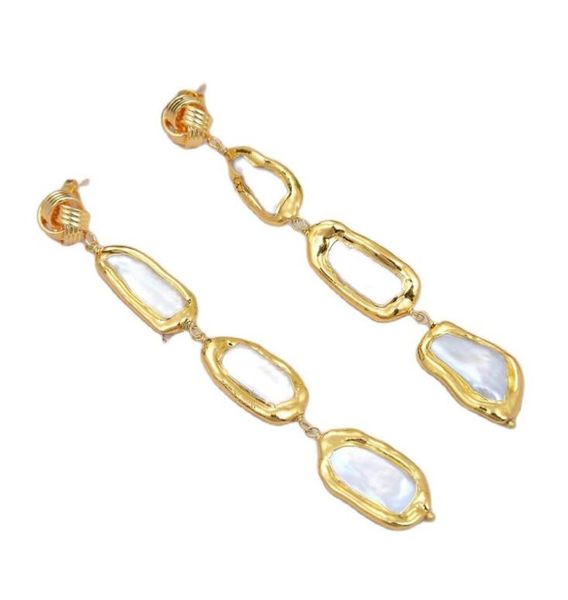 

guaiguai jewelry cultured white biwa pearl with electroplated edge dangle stud earrings handmade for women real gems stone lady fa2074196, Silver