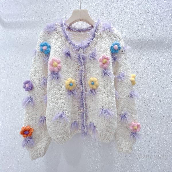 

womens knits tees autumn and winter cardigan coat women heavy industry manual hand crocheting threedimensional flower thick knit cardigan sw, White