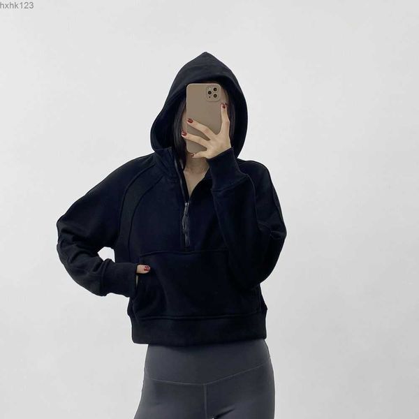 

new women sport yoga jacket half zipper coat yoga clothes fitness outfits running hoodies thumb hole sportwear gym workout hooded top, Black
