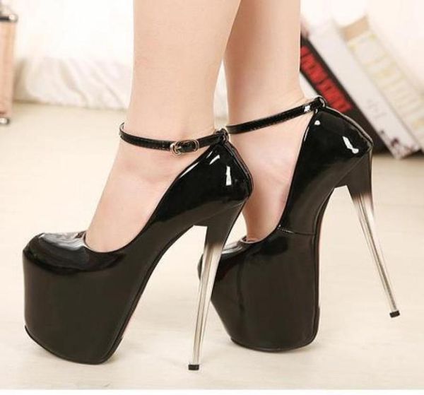 

2014 new patent leather platform gradient spool heel shoes 19cm heel ankle strappy wedding shoes size 35 to 39 epacket 3200558, Black