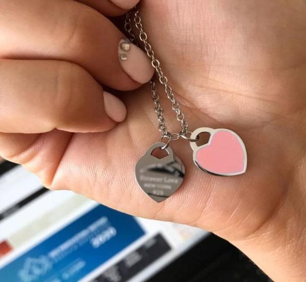

love heart red blue pink enamel necklace for women chokers on the neck pendant stainless steel fashion chain 2021 luxury necklaces3221478, Silver