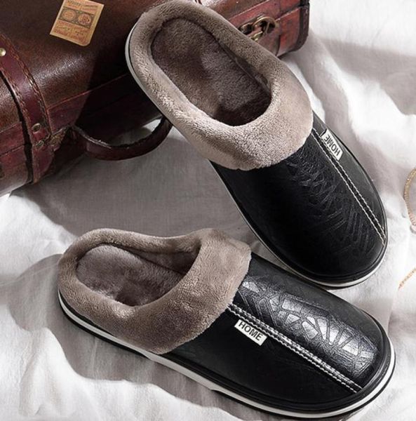 

men's slippers winter slippers non slip indoor shoes for men leather big size 49 house shoe waterproof warm memory slipper s20331732941, Black