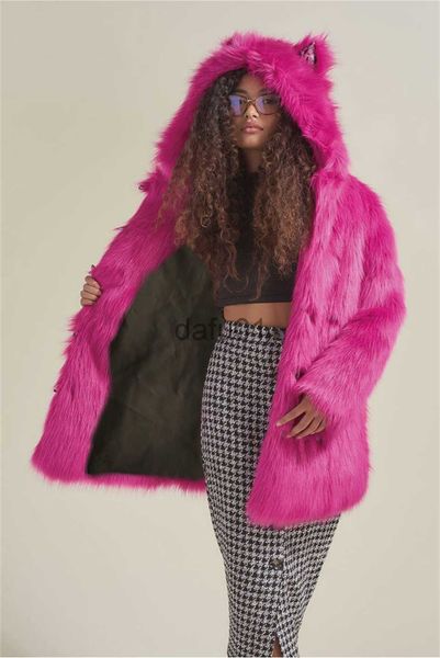 

women's fur faux fur rose red solid faux fur coat women long sleevr ear hooded winter fashion outerwear fluffy fake fur coats jackets x, Black