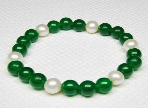 

75quot 85quot 89mm white pearl 8mm green jade round gems beads bangle bracelet9639781, Black