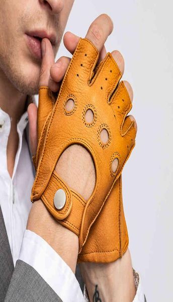 

new arrival spring men039s genuine leather gloves driving unlined 100 goatskin half finger gloves fingerless gym fitness9840769, Blue;gray