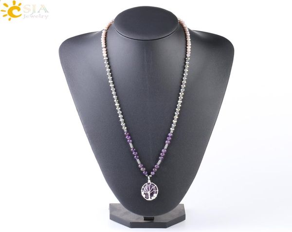 

csja natural amethyst gemstone bead long necklace feb birthstone crystal jewelry for women energy reiki chakra life tree stone pen1717914, Silver