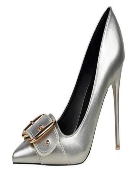 

2017 women pumps thin high heels shoes pointed patent leather pump metal belt buckle women high heels dress shoes g2586188144863, Black