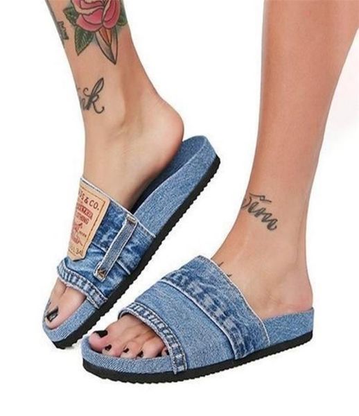 

comfortable versatile personality womens slippers denim round toe flat shoes female beach shoes sandals women slippers 2205318854272, Black