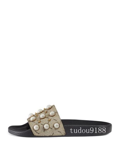 

new arrival 2017 mens and womens fashion pearly embellished slides sandals beige color size euro 35453602707, Black
