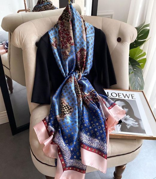 

2021 spring and autumn printed plain weave fashion warmth ladies floral simulation silk beach towel big shawl 6498317, Blue;gray