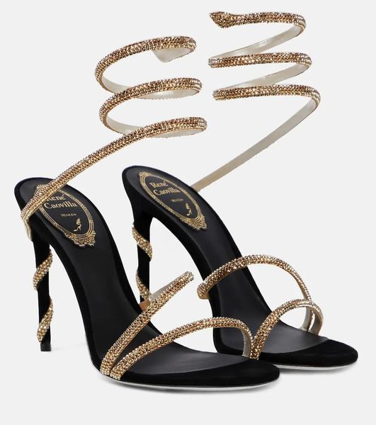 

crystal lamp stiletto heel sandals for womens shoe rene caovilla cleo rhinestone studded snake strass shoes luxury designers 9.5cm high heel, Black