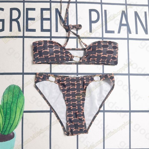 

brand womens bikini logo brown print gold buckle swimsuits v neck swimwear beach wear bathing set, White;black