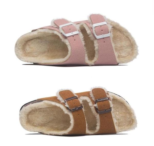 

44 45 big size wool fur cork slippers women double buckle band long plush winter slides furry outdoor footwear flip flops women x11276128, Black