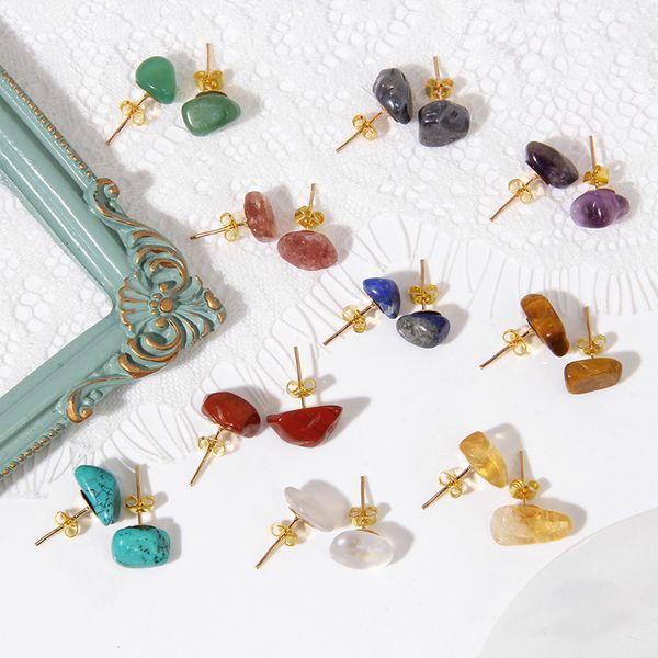 

chip quartz ear studs natural stone tiger eye howlite beads earrings wedding party mini earring stud for women girls jewelry, Golden;silver
