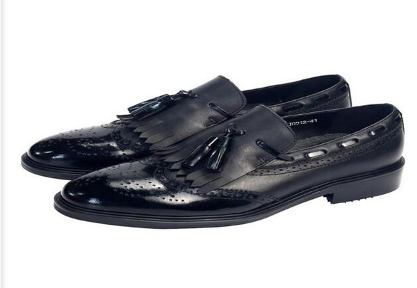 

handmade tassel fringe loafers flat cow leather slip on men carved brogue shoes custom made big size 38462637355, Black