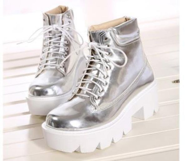 

women039s gothic round head platform martin boots woman punk leather pu ankle square heels sliver laceup boots platform size 31216924, Black