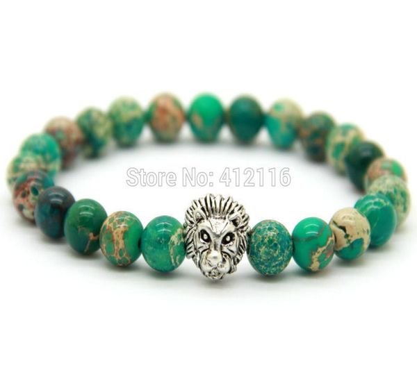 

2015 mens jewelry whole new design 8mm green sea sediment stone beads antique silver lion bracelets party gift6549818, Golden;silver