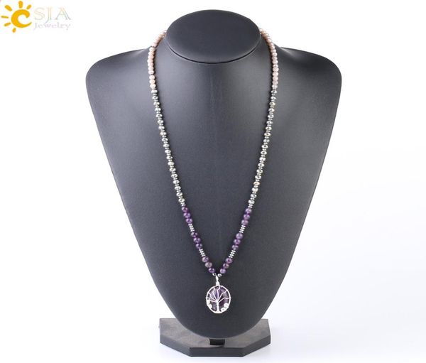

csja natural amethyst gemstone bead long necklace feb birthstone crystal jewelry for women energy reiki chakra life tree stone pen5161584, Silver