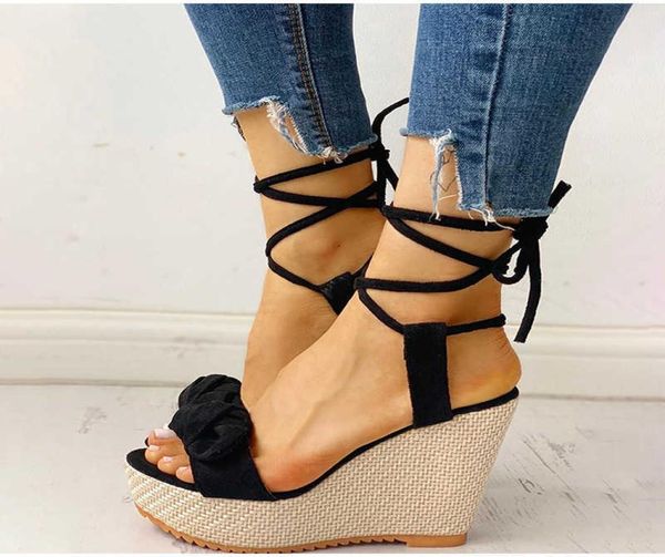 

classic luxury designer women's summer sandals woman wedges platform shoes female cross lace ladies fashion elegant slippers new 2022 e, Black