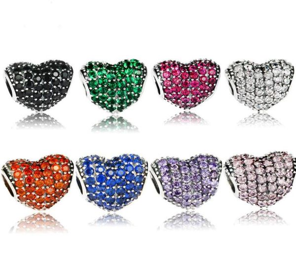 

8 colors authentic 925 sterling silver heart bead charm with cz fit original bracelet diy jewelry making whole97068514187987, Black