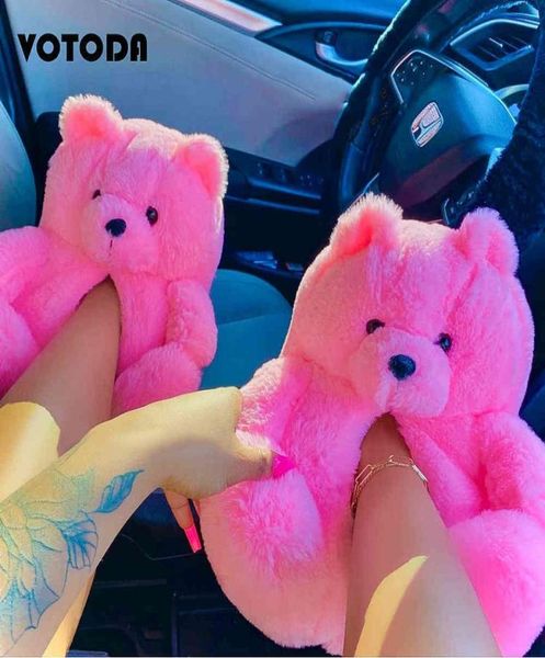 

women teddy bear slippers winter warm plush house shoes indoor flip flops funny cartoon bears slipper female soft antislip shoe 96900299, Black
