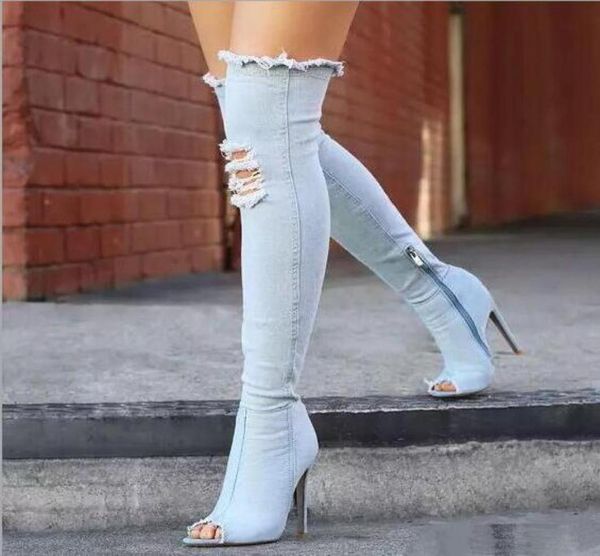 

boots women thigh high boots over the knee high bottes peep toe pumps hole blue heels zipper denim jeans shoes botas mujer4867383, Black