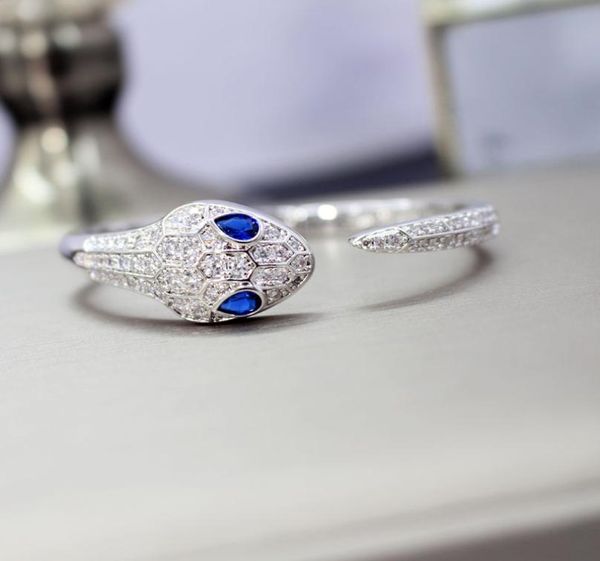

new designer zircon stone paved blue eyes animal cuff bracelet bangle 18k white gold plated punk jewelry for women9662305, Golden;silver