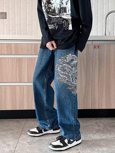 

men's jeans american streetwear chinese dragon embroidered straight loose pants y2k jeans men and women couples loose casual pants soft, Blue
