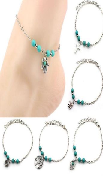

turquoise anklets women beach foot chains cross tree turtles conch fatima039s hand anklet for ladies fashion jewelry ps18148183256, Red;blue