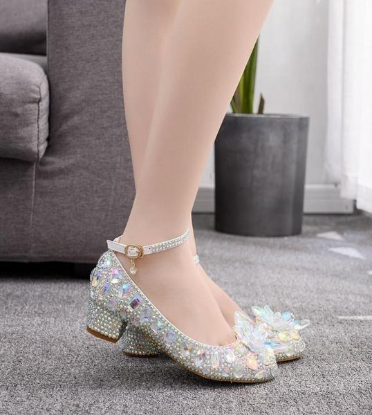 

dress shoes women wedding crystal flower bling low heels buckle shallow party pumps pointed toe square 3cm9157604, Black