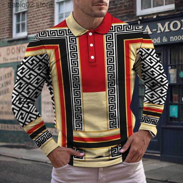 

men's t-shirts autumn winter men's polo long sleeve lapel button 3d print retro graphic mature man pullover casual jogging style t, White;black