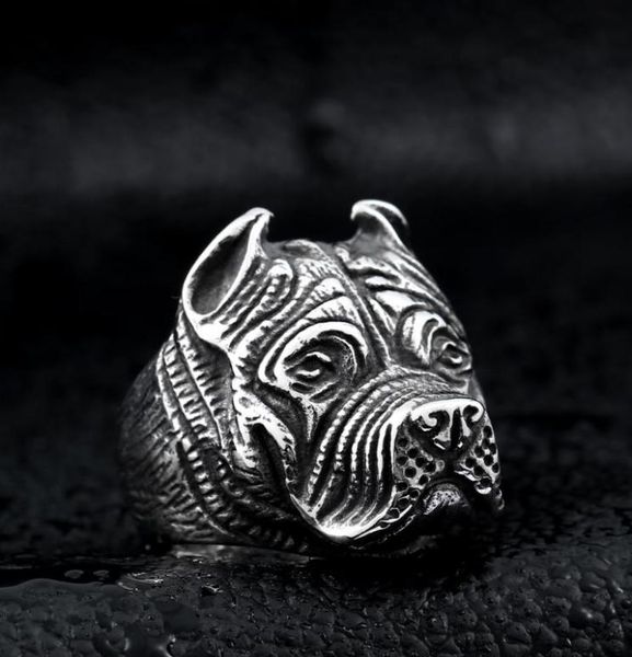 

men039s vintage stainless steel ring viking pitbull bulldog gothic pug dog head totem amulet punk animal jewellery for men boys9549722, Silver