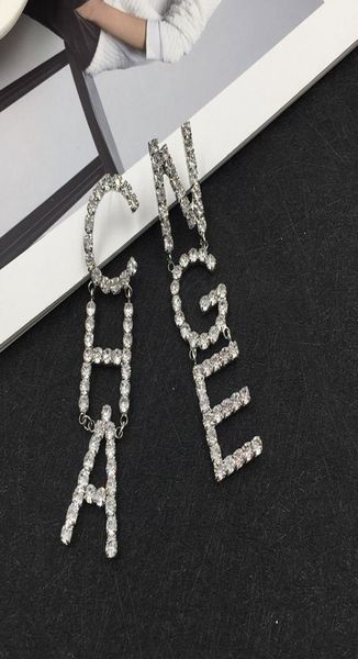 

whole trendy popular fashion luxury designer exaggerated glitter diamond rhinestone letter cha dangle chandelier stud earrings7740838, Silver
