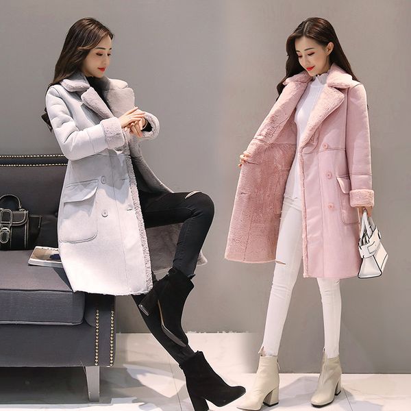 

women suede fur winter coat new fashion thick faux sheepskin long jacket overcoat female solid warm trench coat, Tan;black