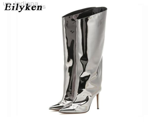 

boots eilyken candy color mirror leather women knee high heels stilettos nightclub runway pointed toe shoes botas mujer l2209161246907, Black