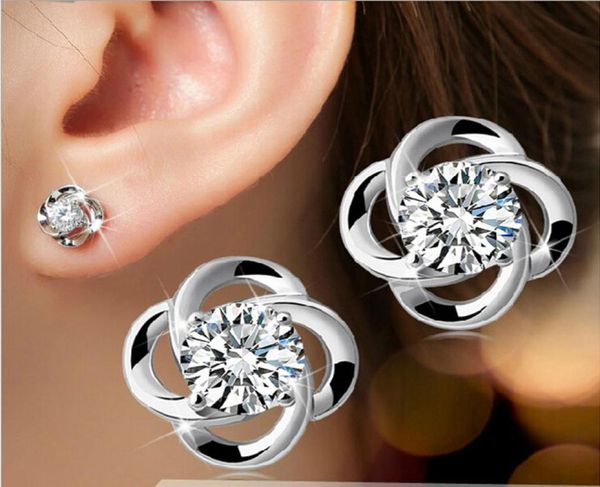 

fashion women stud earrings crystal zirconia elements austrian rhinestone earring silver clover leaf jewelry4910347, Golden;silver