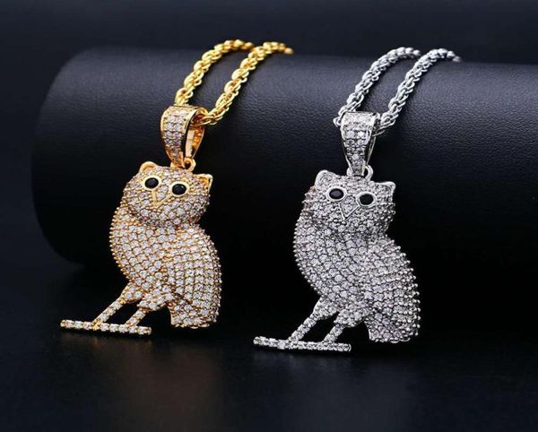

hip hop owl diamonds pendant necklaces for men luxury animal necklace jewelry real gold plated copper zircons golden cuban chain 25391466, Silver