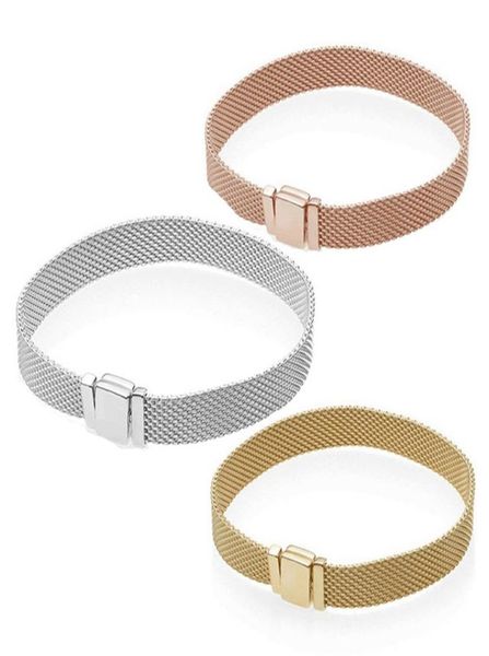

s925 silver mesh bracelet fit european beads reflexion clasp charm clip17-19-21cm spring flower rose gold with letter for women jewelry chri, Black