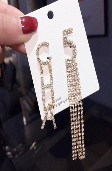 

new designer full rhinestone letter tassels earrings for women bling bling rhinestone stud earring 925 silver needle jewelry gifts6412802, Golden;silver