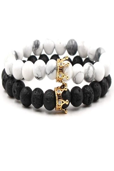 

new black white stone beads with gold silver color crown charm bracelet for women men bangles jewelry pulsera drop9787303, Golden;silver