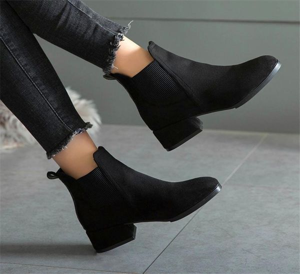

women autumn winter flock ankle boots slipon round toe 35cm square heel solid casual black camel booties size 35414971081