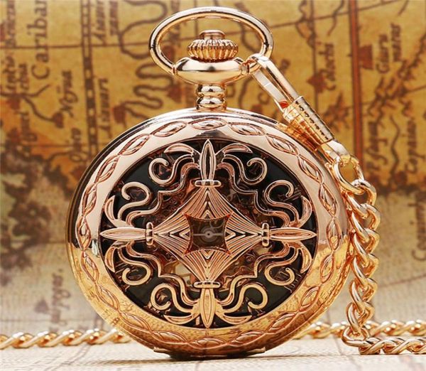 

luxury rose gold hollow chinese grilles design pocket watch handwind mechanical clock pendant chain gift for women men reloj de bo4021191, Slivery;golden