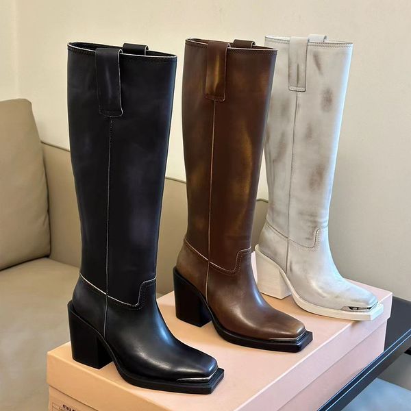 

cowhide block heel knee-high boots shoe color wiping square toe slip-on knight boots women's luxury designer brand shoes factory footwe, Black