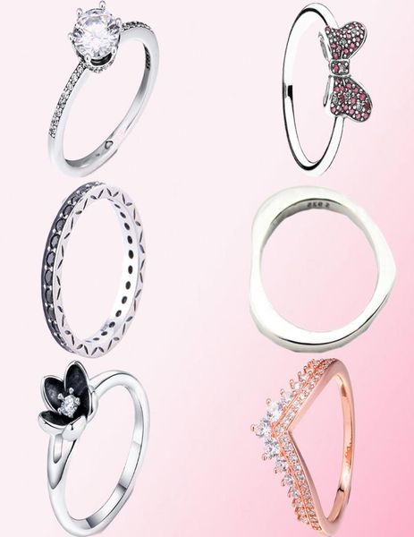 

925 sterling silver rings sparkling crown bow rose princess wishbone ring women's heart original fit ring jewelry making diy gift265564, Slivery;golden