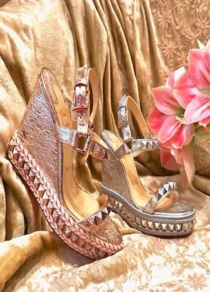 

elegant style ladies s wedge pyraclou sliver golden open toe studded plain leather ankle strap women high heels eu35-429583288, Black