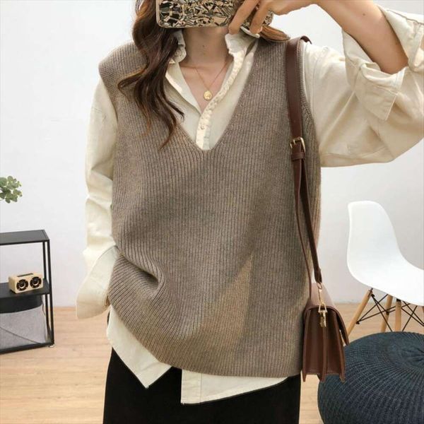 

knitted vest womens autumn and winter clothing korean lazy casual loose v neck pure color sweater, Black;white